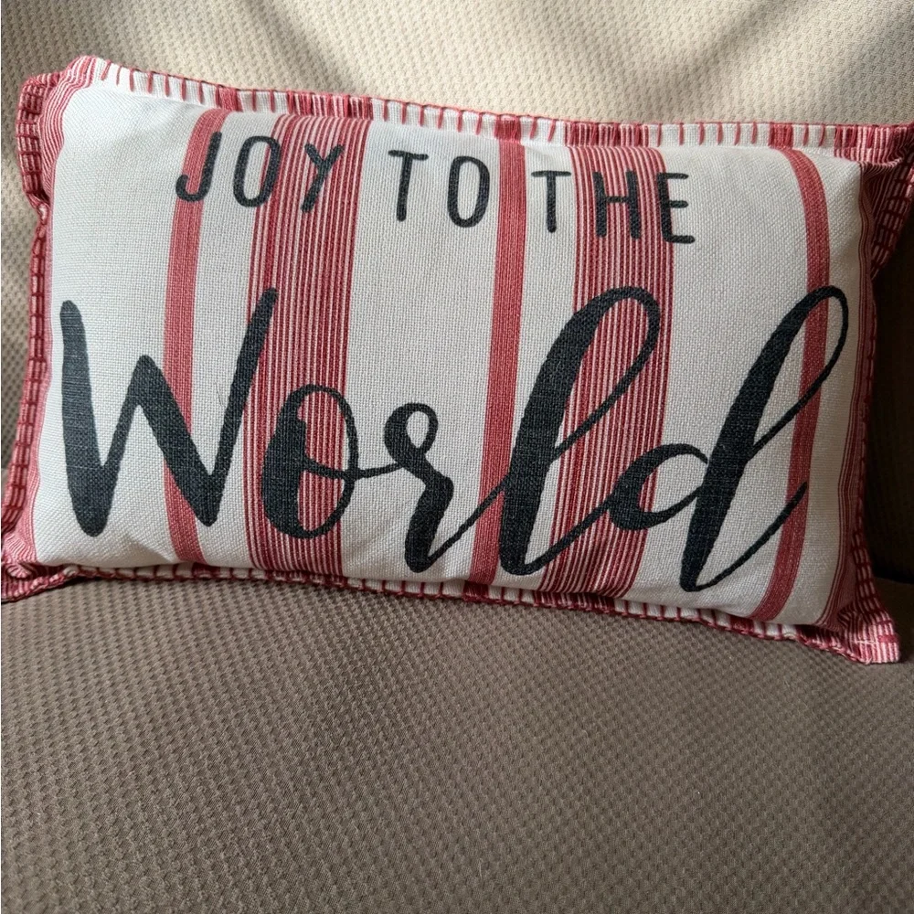 Joy to the World Christmas / Holiday Throw Pillow. Candy Cane Striped.